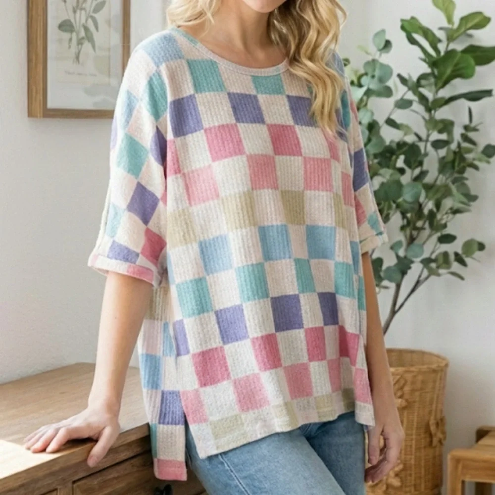 Cozycore Hopely Pastel Checkerboard Waffle Knit Oversized Top Large Cottagecore - Picture 12 of 12